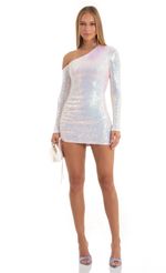 Picture Corin Iridescent Sequin One Shoulder Dress in White Multi. Source: https://media.lucyinthesky.com/data/Dec22/150xAUTO/49ecbae4-7f2d-4c29-8ee0-34e61437f875.jpg