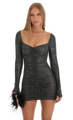Picture Audria Ruched Foil Bodycon Dress in Black. Source: https://media.lucyinthesky.com/data/Dec22/150xAUTO/553b50a4-6eb1-4fd9-9585-478fa0765577.jpg