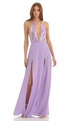 Picture Allure Sequin Maxi Dress in Purple. Source: https://media.lucyinthesky.com/data/Dec22/150xAUTO/c7cdc513-6c12-4daf-86f5-1359b7b86c3d.jpg