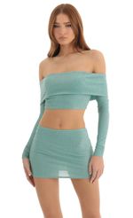 Picture Sama Metallic Knit Two Piece Skirt Set in Turquoise. Source: https://media.lucyinthesky.com/data/Dec22/150xAUTO/caba9e19-1fe7-43ef-ba90-d018f14b9305.jpg