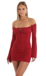 Picture Camden Off The Shoulder Ruched Dress in Red. Source: https://media.lucyinthesky.com/data/Dec22/150xAUTO/d67bbfe2-461b-4f44-913e-7551a14f358f.jpg