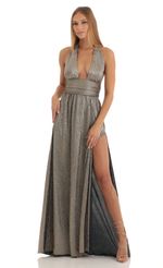 Picture McKayla Metallic Pleated Maxi Dress in Taupe. Source: https://media.lucyinthesky.com/data/Dec22/150xAUTO/fffe3691-6a7b-414f-b25a-ca1d0493f429.jpg