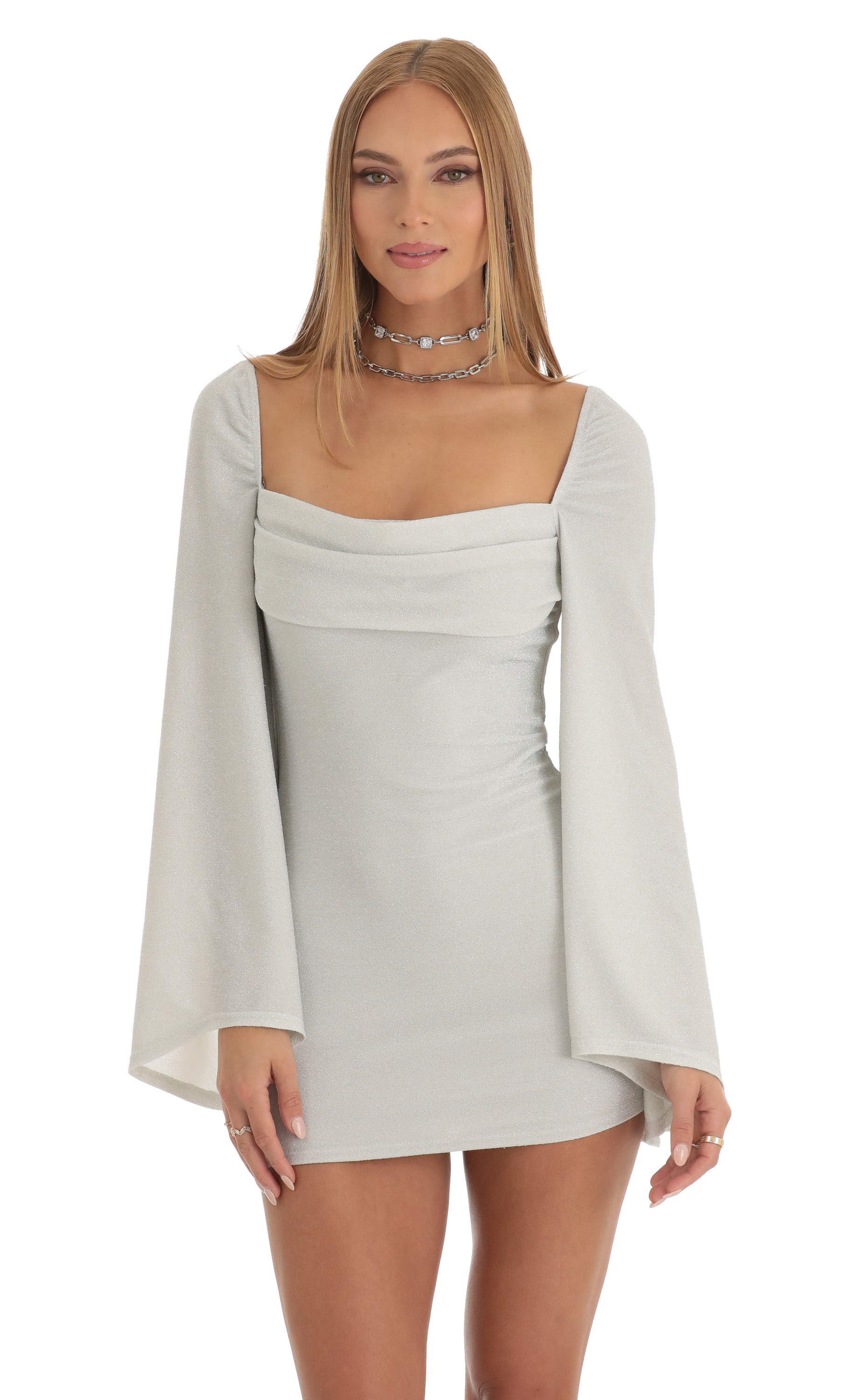Jazlyn Knit Flare Sleeve Body Con Dress in Silver