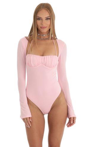 Evonne Glitter Mesh Long Sleeve Bodysuit in Pink