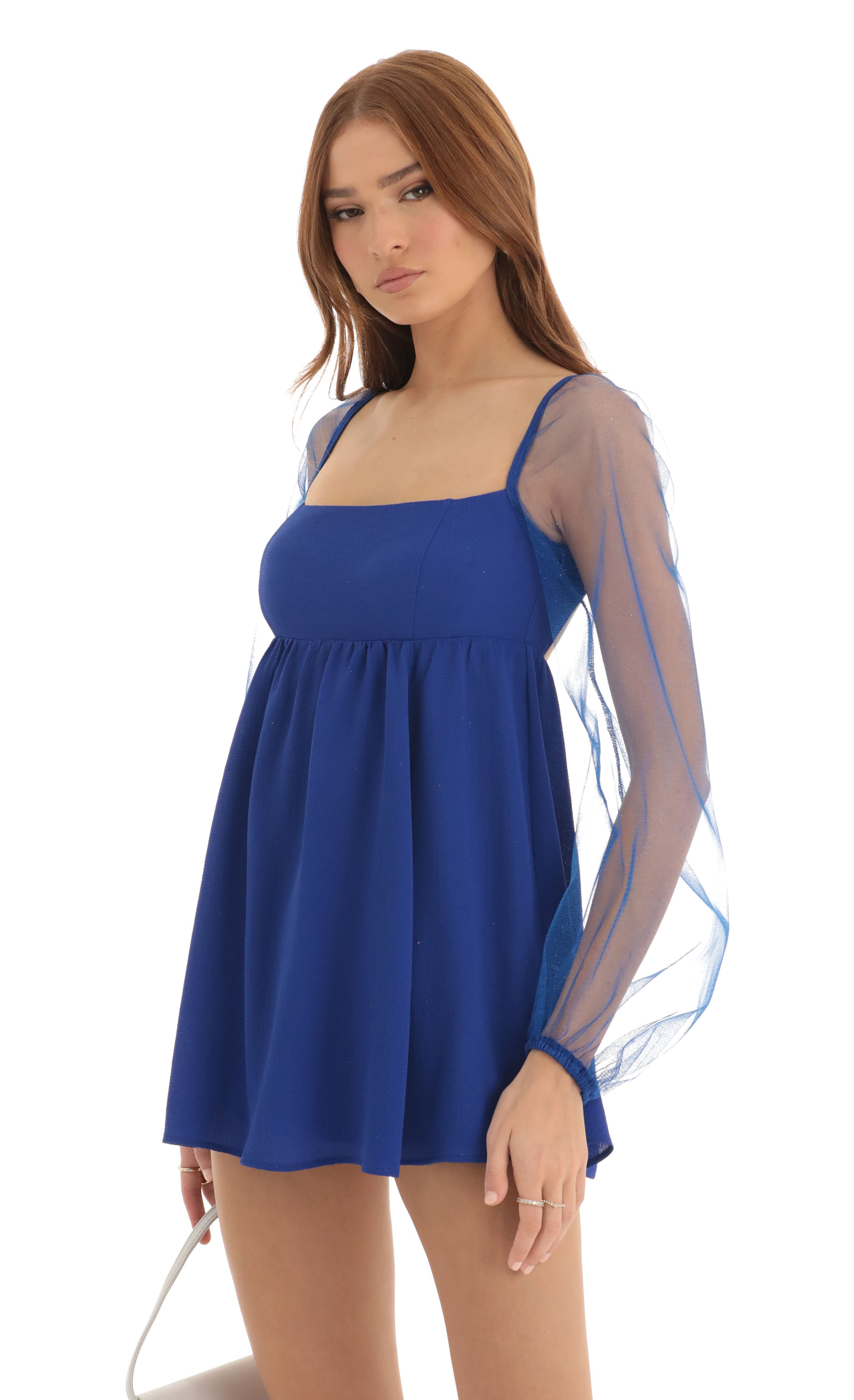 Birdie Glitter Long Sleeve Baby Doll Dress in Blue