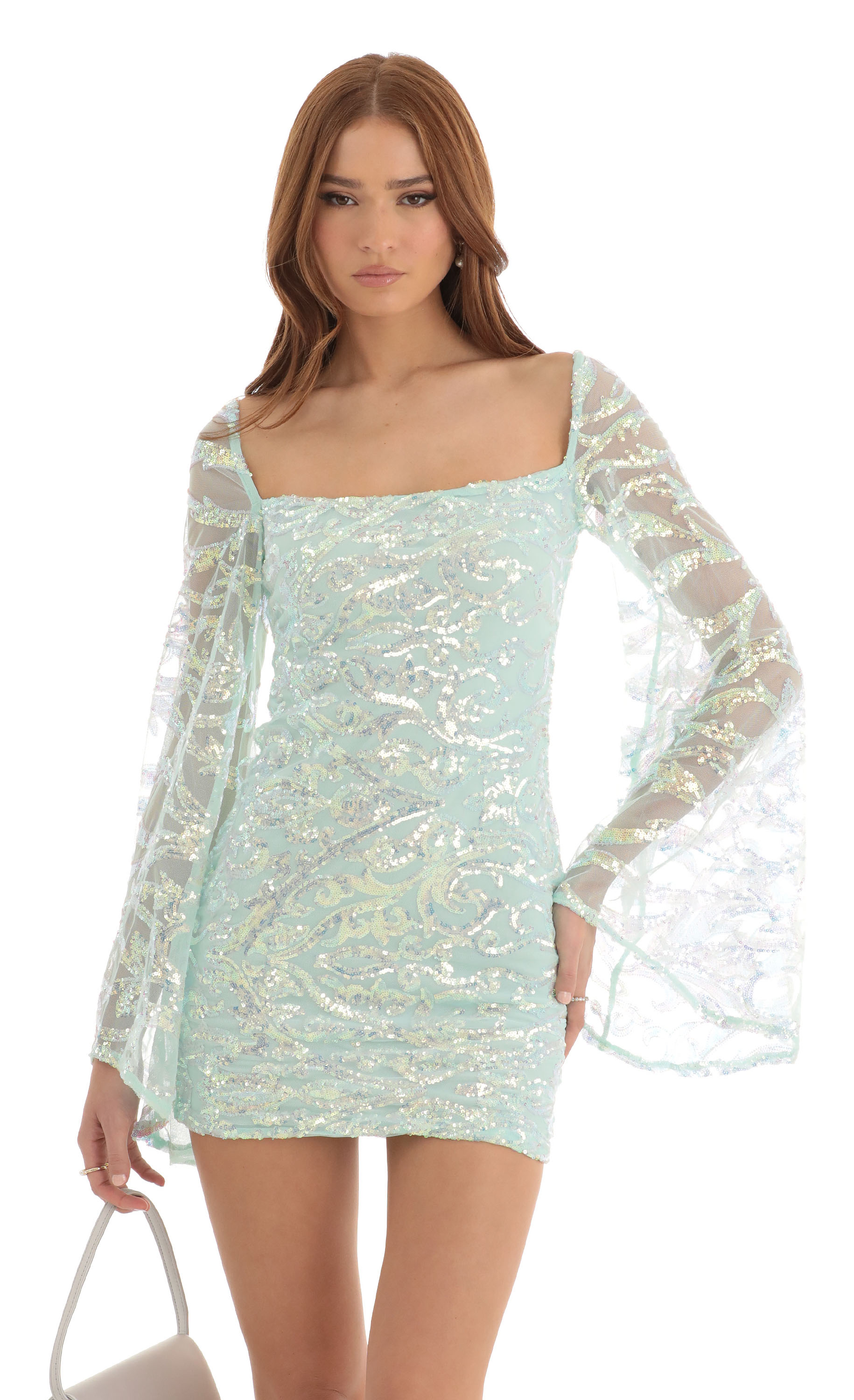 Elly Flare Sleeve Sequin Dress in Turquoise
