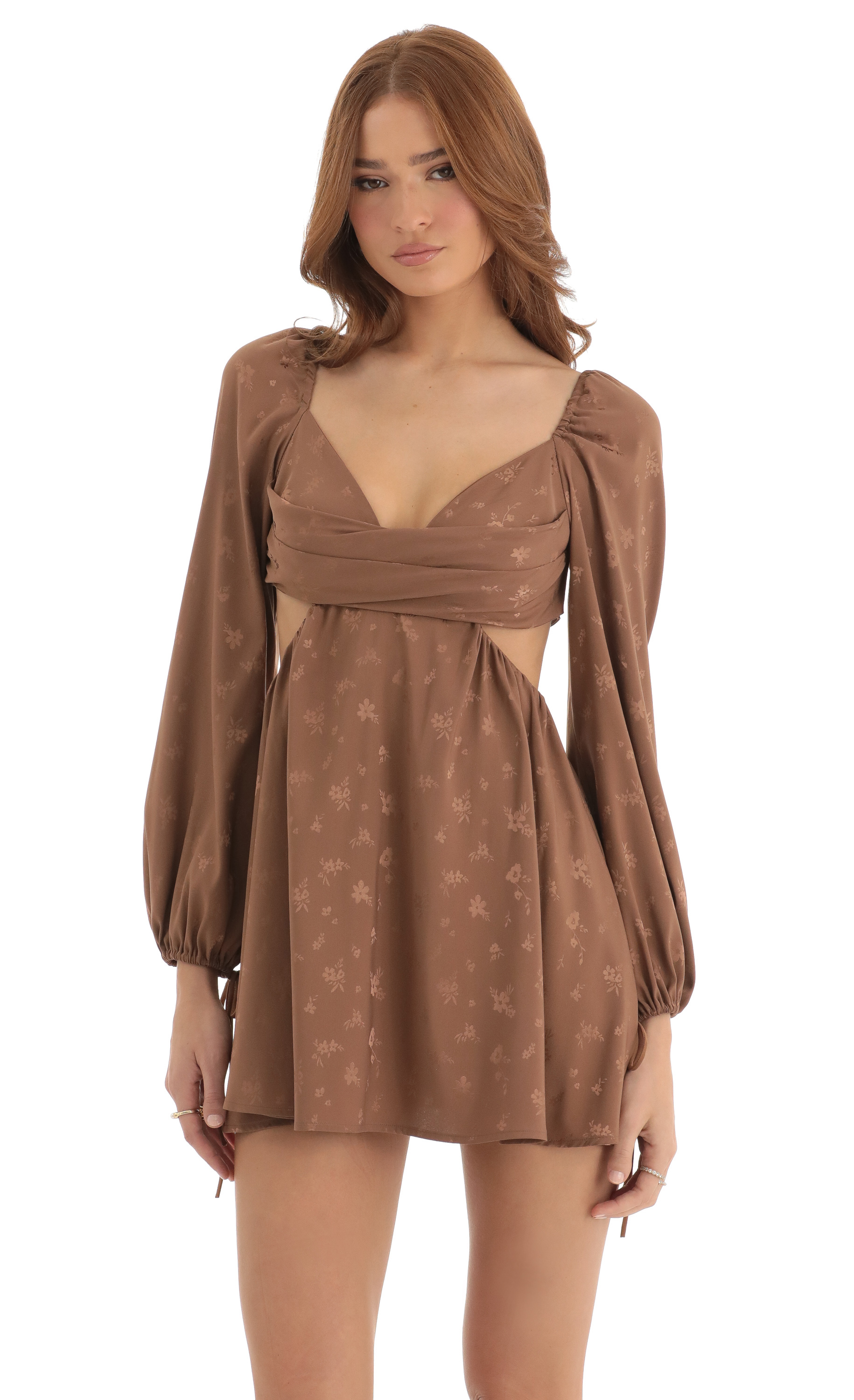 Krista Floral Long Sleeve Fit and Flare Dress in Green Brown