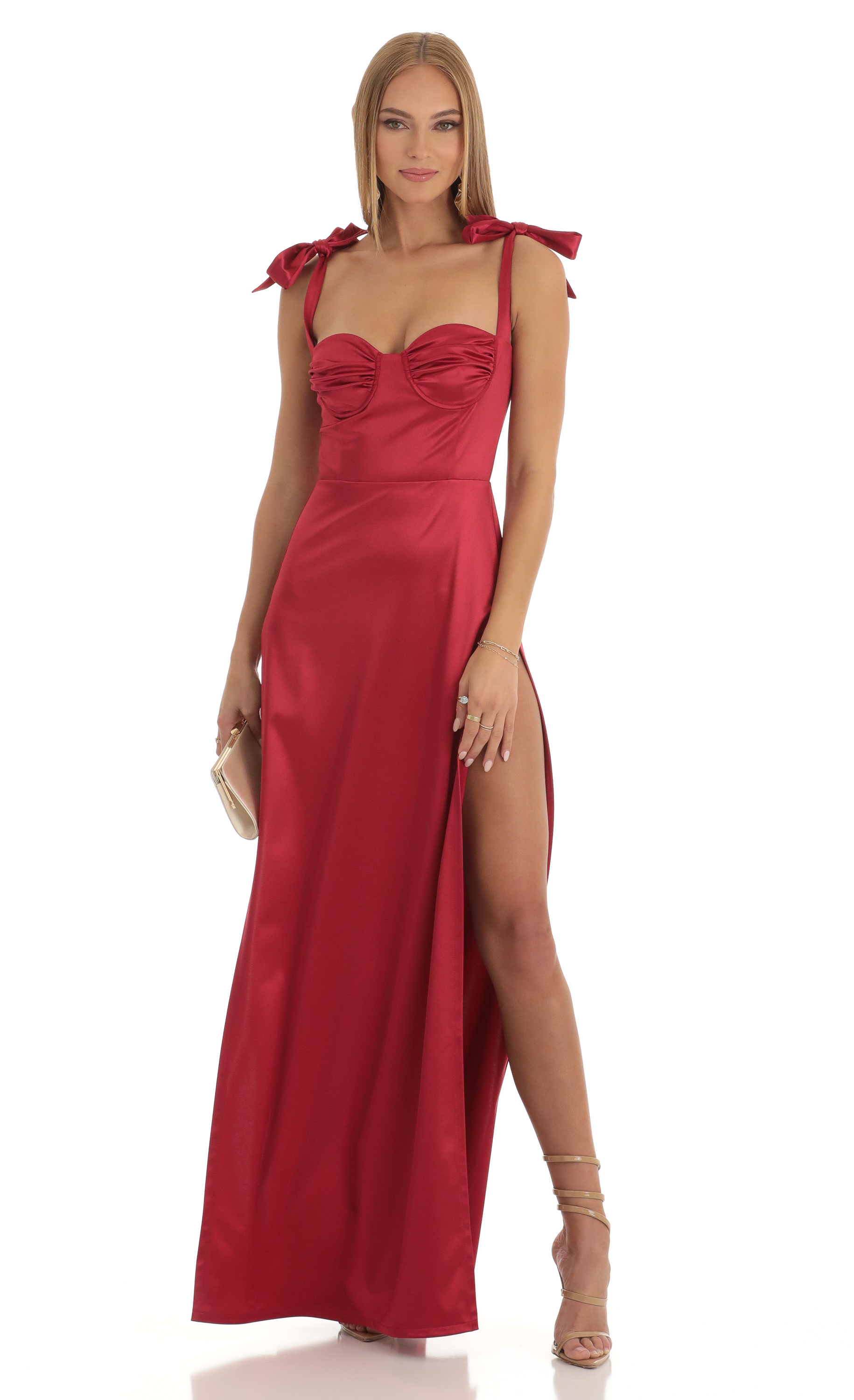 Aries Satin Slit Maxi Dress in Red