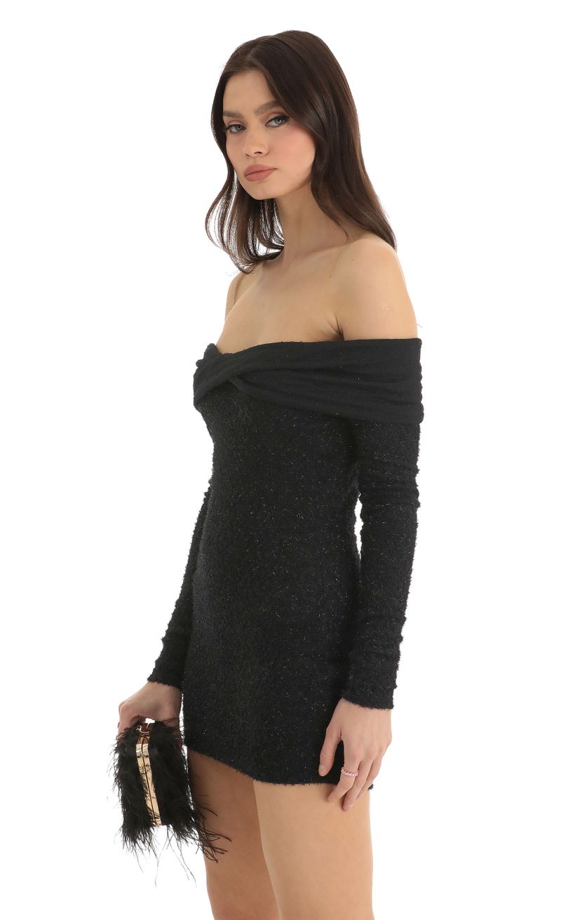 Picture Emelia Eyelash Off The Shoulder Dress in Black. Source: https://media.lucyinthesky.com/data/Dec22/800xAUTO/303f4557-445a-4f2a-9146-0fb0b704d824.jpg