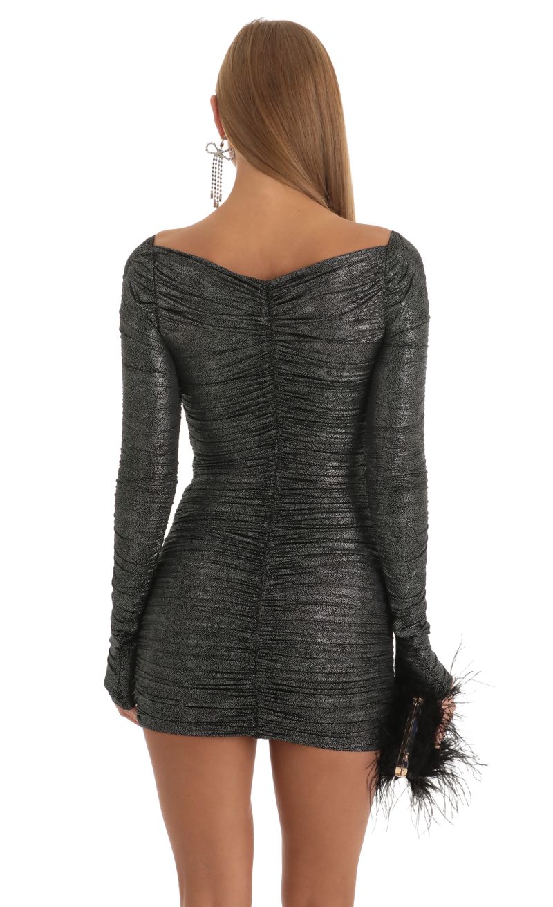Picture Audria Ruched Foil Bodycon Dress in Black. Source: https://media.lucyinthesky.com/data/Dec22/800xAUTO/52347524-d305-4a5c-bc62-edfd71fc3256.jpg