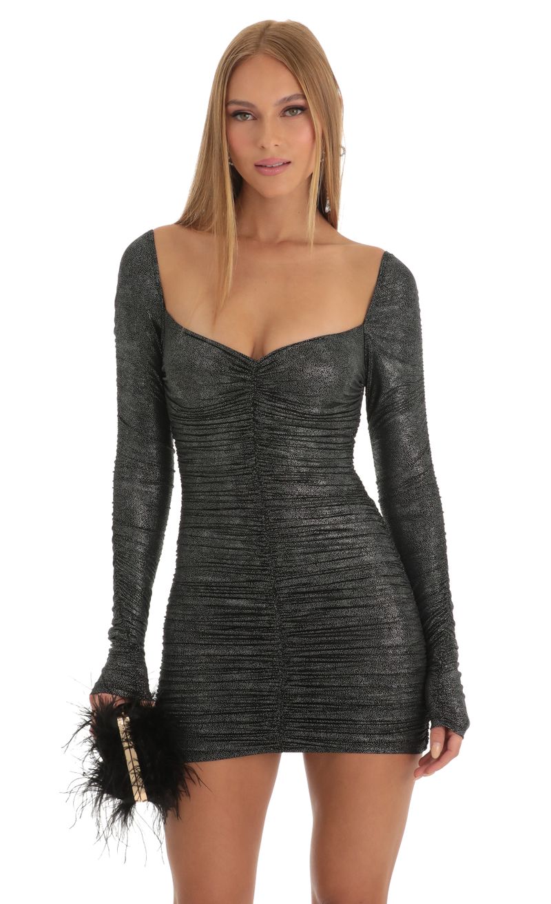 Picture Audria Ruched Foil Bodycon Dress in Black. Source: https://media.lucyinthesky.com/data/Dec22/800xAUTO/553b50a4-6eb1-4fd9-9585-478fa0765577.jpg