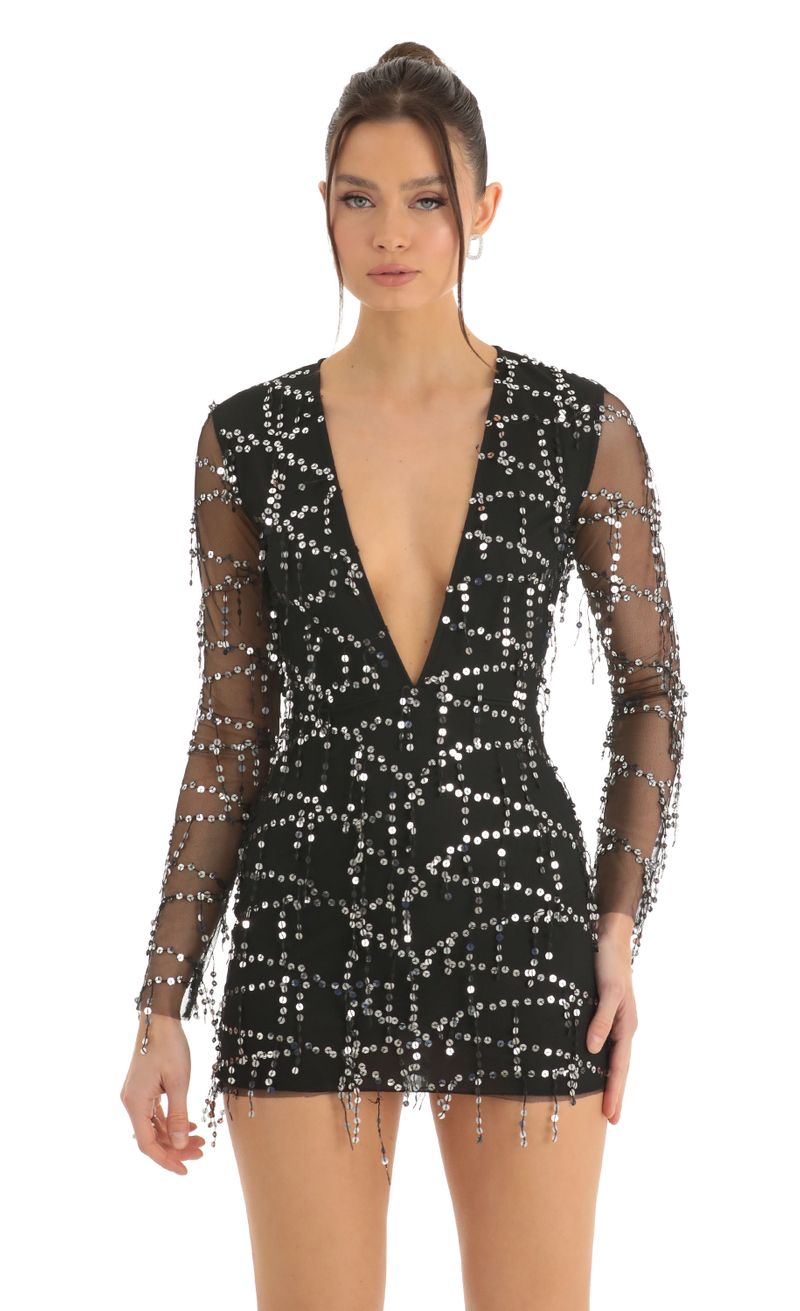 Picture Paris Dangling Sequin Plunge Dress in Black. Source: https://media.lucyinthesky.com/data/Dec22/800xAUTO/5d5309bc-ef5b-4e5e-a405-c3f8d26c1830.jpg
