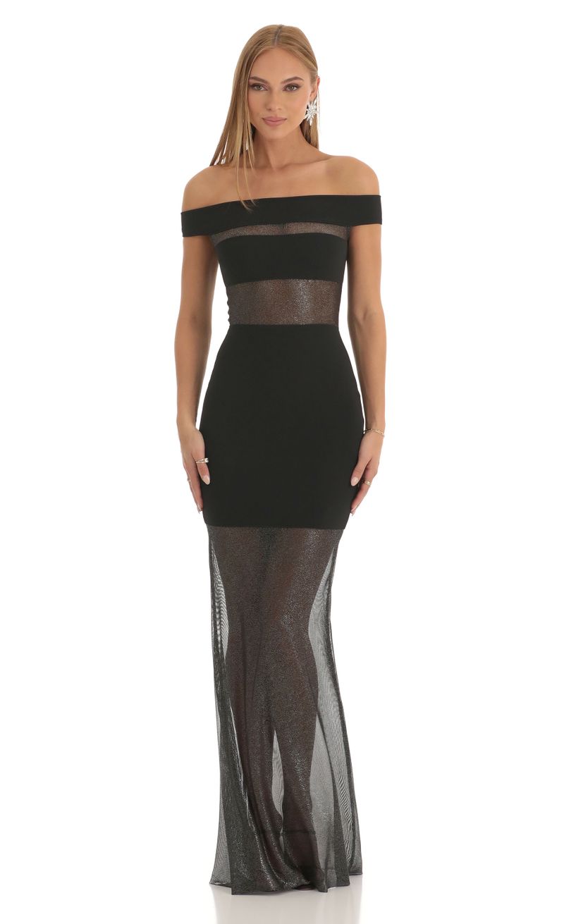 Picture Amelina Glitter Cutout Maxi Dress in Black. Source: https://media.lucyinthesky.com/data/Dec22/800xAUTO/6582fa32-ec1a-4af9-a24f-5325a192113e.jpg