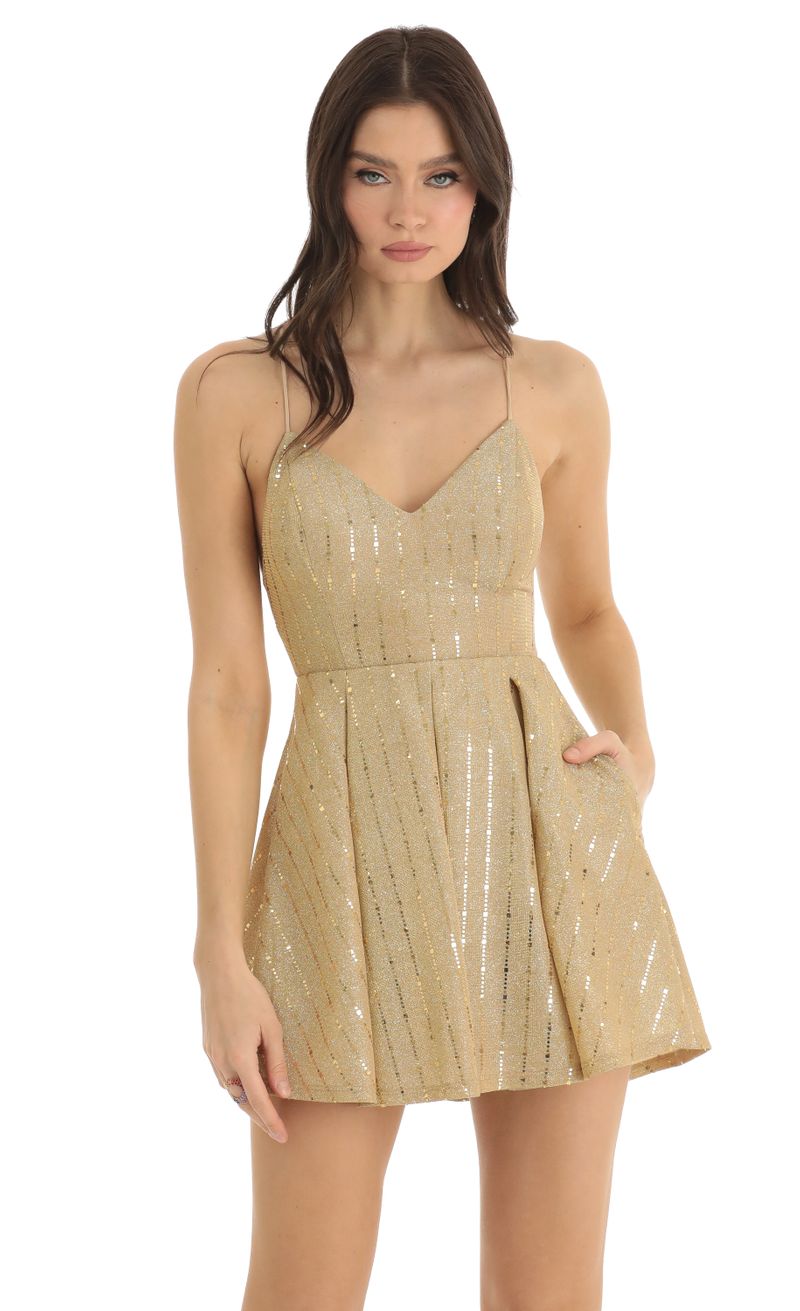 Picture Janine Sequin Striped Fit and Flare Dress in Gold. Source: https://media.lucyinthesky.com/data/Dec22/800xAUTO/8380fd16-f701-4ea7-a1f6-1ad8ebcbf75b.jpg