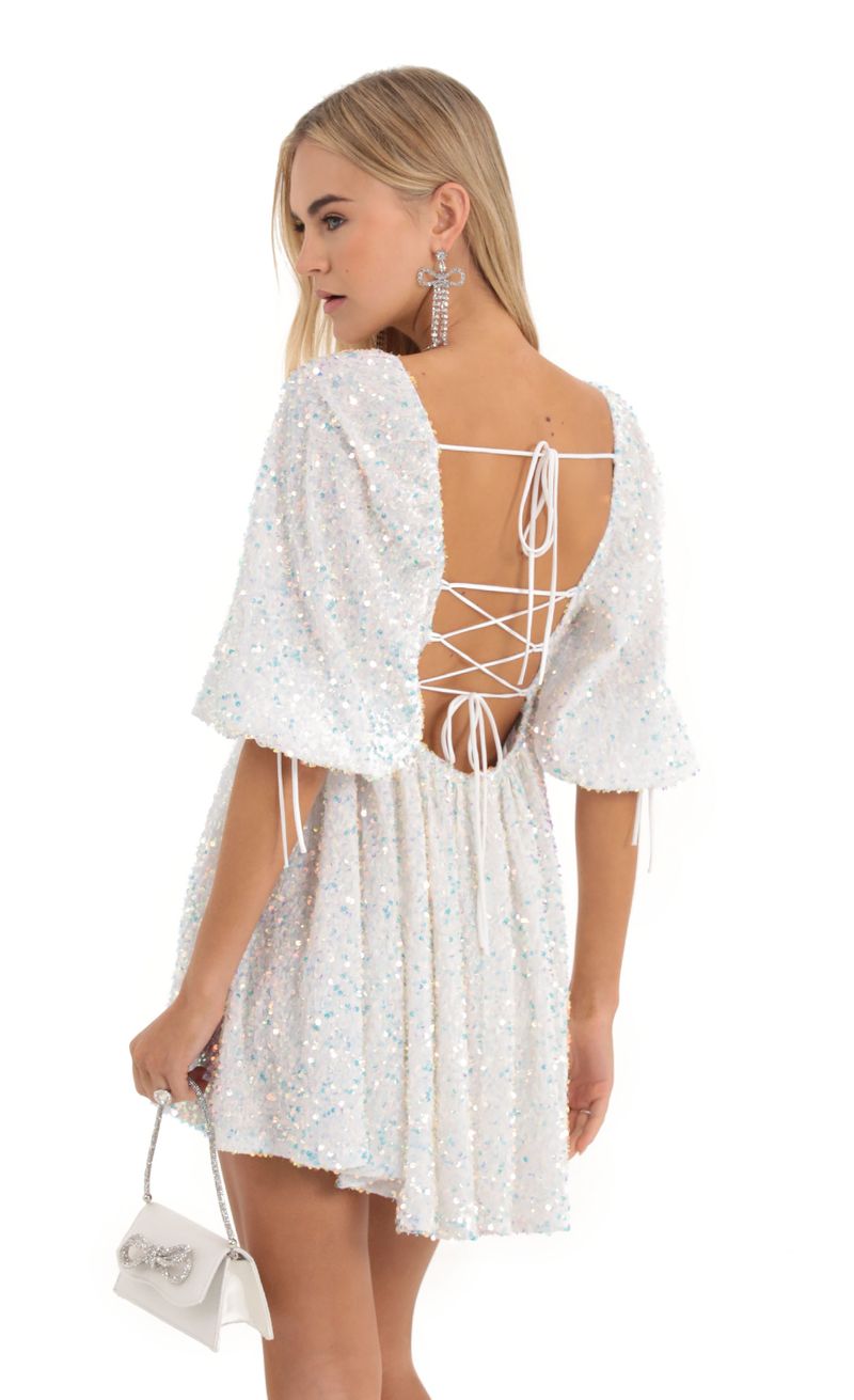 Afia Velvet Sequin Baby Doll Dress in White Lucy in the Sky