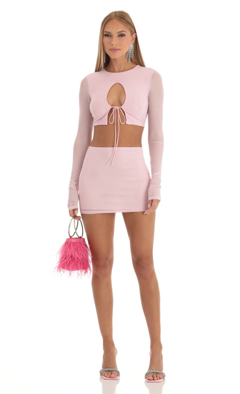 Picture Sakura Glitter Mesh Two Piece Skirt Set in Pink. Source: https://media.lucyinthesky.com/data/Dec22/800xAUTO/bace0fc7-c643-4243-89d4-88277fe33c25.jpg