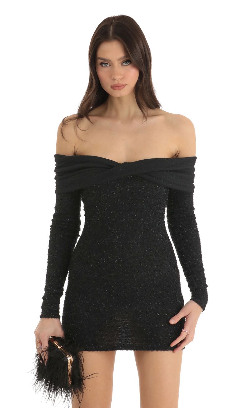 Picture Emelia Eyelash Off The Shoulder Dress in Black. Source: https://media.lucyinthesky.com/data/Dec22/800xAUTO/c17b44c5-fae3-4a29-a2f5-32ddef15eb24.jpg