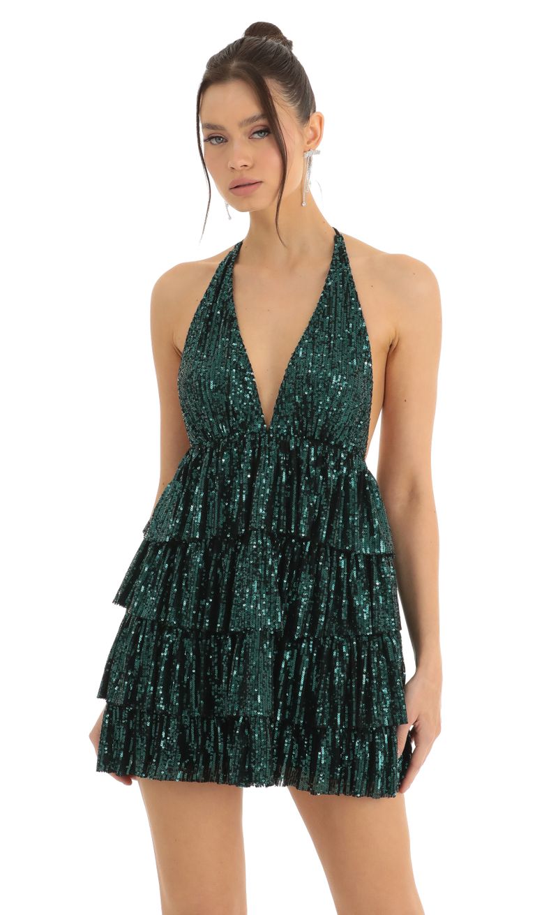 Picture Madilyn Sequin Ruffle Dress in Green. Source: https://media.lucyinthesky.com/data/Dec22/800xAUTO/fab65afd-bc03-417f-abf2-bd487828e356.jpg