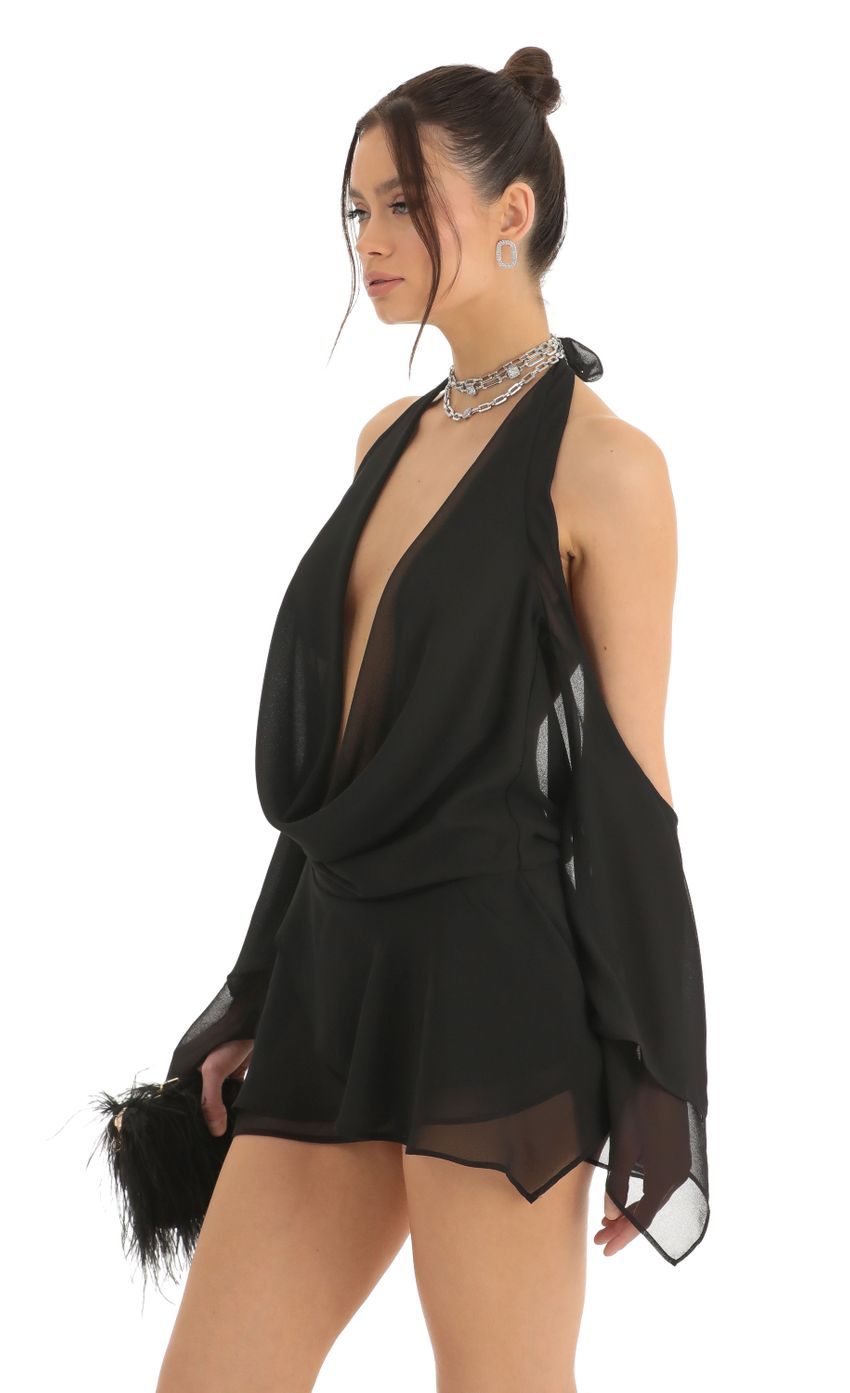 Picture Brandie Chiffon Draped Cowl Neck Dress in Black. Source: https://media.lucyinthesky.com/data/Dec22/850xAUTO/09097401-82d8-4e61-a911-e8a187c740bb.jpg