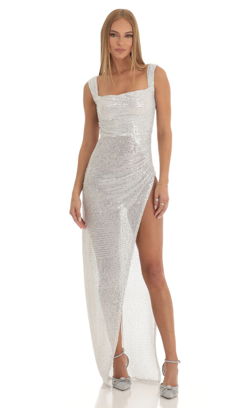 Picture Melina Sequin Side Slit Maxi Dress in Silver. Source: https://media.lucyinthesky.com/data/Dec22/850xAUTO/0bcf38f6-15b4-4027-a40f-11cb9e164324.jpg
