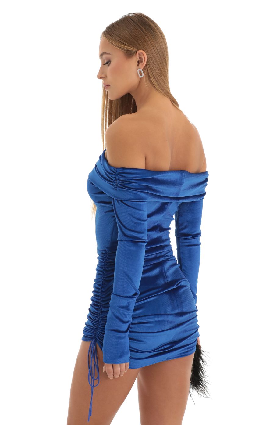 Picture Halo Velvet Ruched Long Sleeve Dress in Blue. Source: https://media.lucyinthesky.com/data/Dec22/850xAUTO/0c7de52e-442f-4f76-ad55-dcdb9c4e08ab.jpg