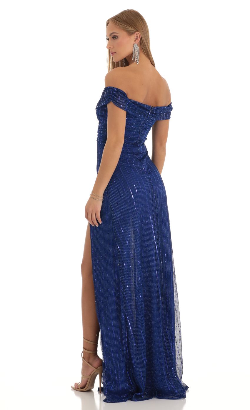 Picture Sena Sequin Striped Off The Shoulder Maxi Dress in Blue. Source: https://media.lucyinthesky.com/data/Dec22/850xAUTO/0c93c68c-b6ca-4fb8-93a6-36f6e4640427.jpg