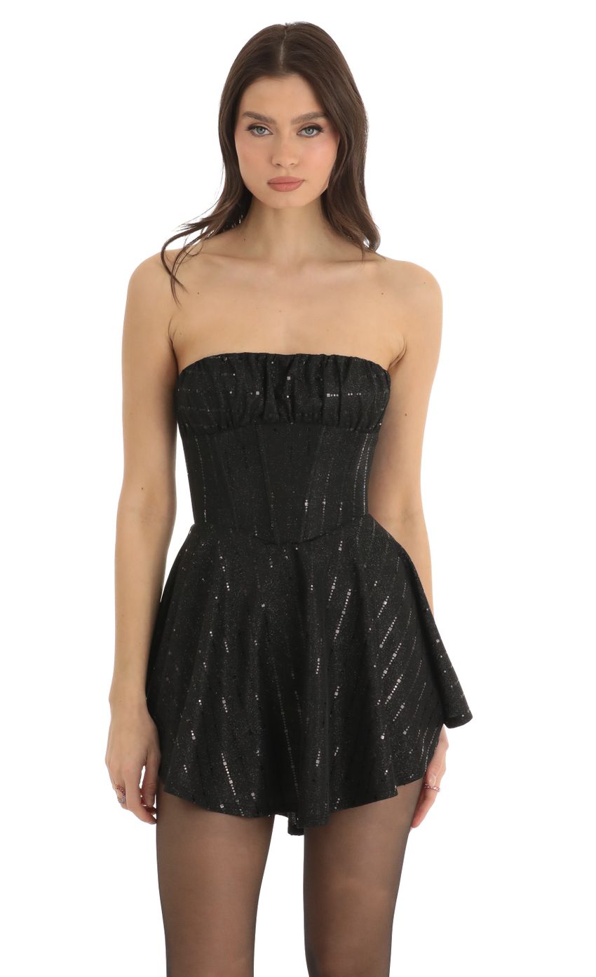 Picture Dariy Sequin Corset Flare Dress in Black. Source: https://media.lucyinthesky.com/data/Dec22/850xAUTO/118228b8-ea54-48cd-a30f-0004b0095195.jpg