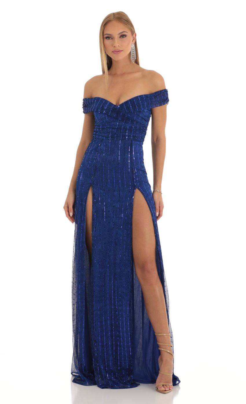 Picture Sena Sequin Striped Off The Shoulder Maxi Dress in Blue. Source: https://media.lucyinthesky.com/data/Dec22/850xAUTO/16c54c5a-da82-4253-b4f7-fd4d1054960a.jpg