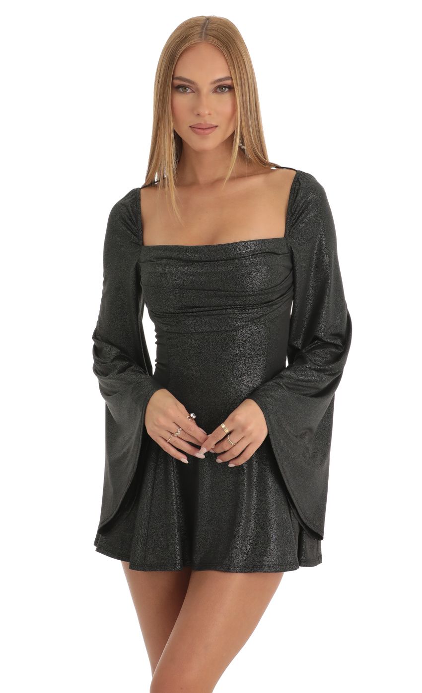 Picture Sirena Foil Flare Sleeve Dress in Black. Source: https://media.lucyinthesky.com/data/Dec22/850xAUTO/22bf1a2d-cf01-4153-a07a-ae0e616438fa.jpg