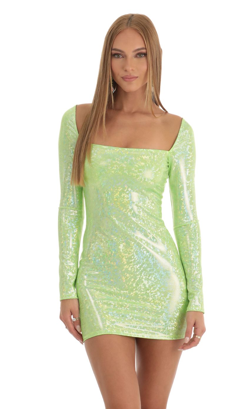 Picture Giulia Holographic Bodycon Dress in Light Green. Source: https://media.lucyinthesky.com/data/Dec22/850xAUTO/2c4cb922-345e-4660-93b6-07936c0c0102.jpg