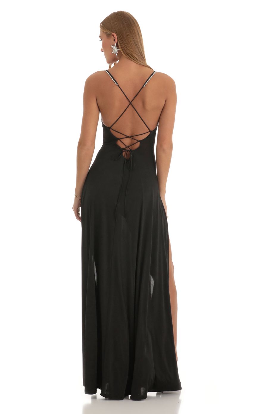Picture Rhinestone Slit Maxi Dress in Black. Source: https://media.lucyinthesky.com/data/Dec22/850xAUTO/3b3ed84c-7f4e-4492-94dc-681a4cff017c.jpg