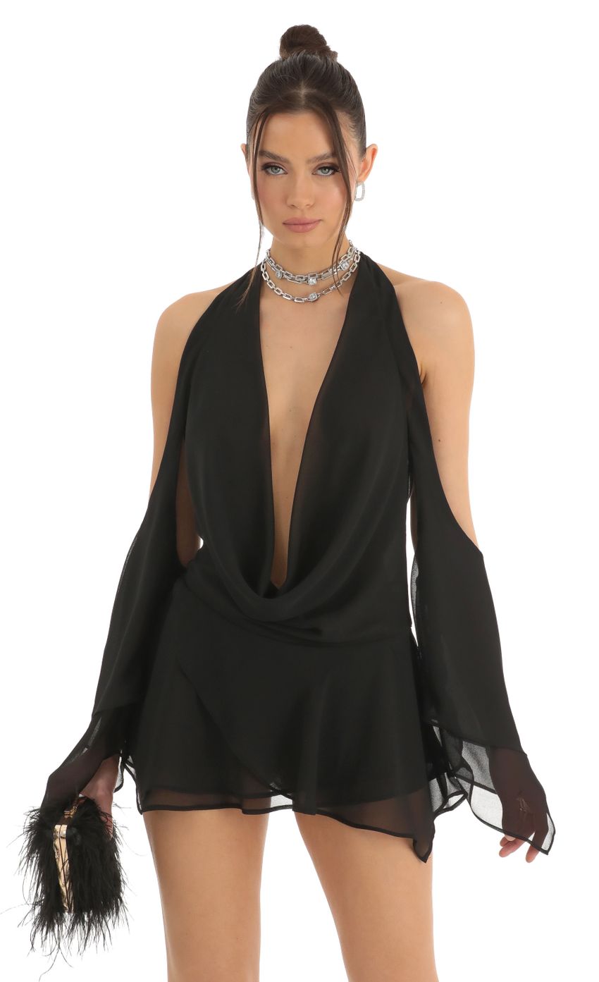 Picture Brandie Chiffon Draped Cowl Neck Dress in Black. Source: https://media.lucyinthesky.com/data/Dec22/850xAUTO/4103b0df-4883-4eda-b19c-4f878b64ca76.jpg