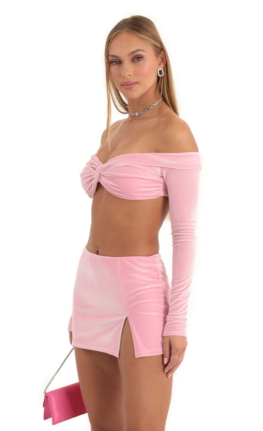 Picture Katya Velvet Two Piece Skirt Set in Pink. Source: https://media.lucyinthesky.com/data/Dec22/850xAUTO/4aa5b4ce-3ee1-4f45-82e8-8a7042fc7785.jpg