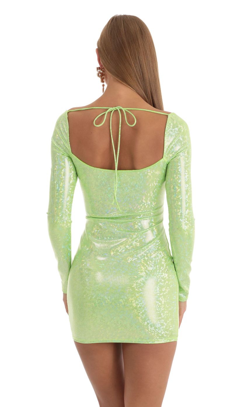Picture Holographic Long Sleeve Bodycon Dress in Light Green. Source: https://media.lucyinthesky.com/data/Dec22/850xAUTO/4dc632cc-4d97-4df4-b616-30d43c489bcc.jpg