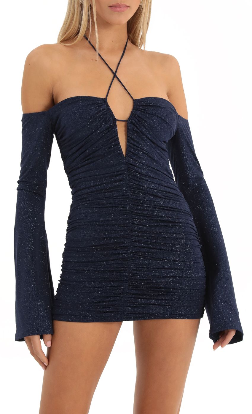 Picture Nixi Glitter Ruched Bodycon Dress in Blue. Source: https://media.lucyinthesky.com/data/Dec22/850xAUTO/541ee7d3-5e93-4eb1-8bf3-a7209202770b.jpg