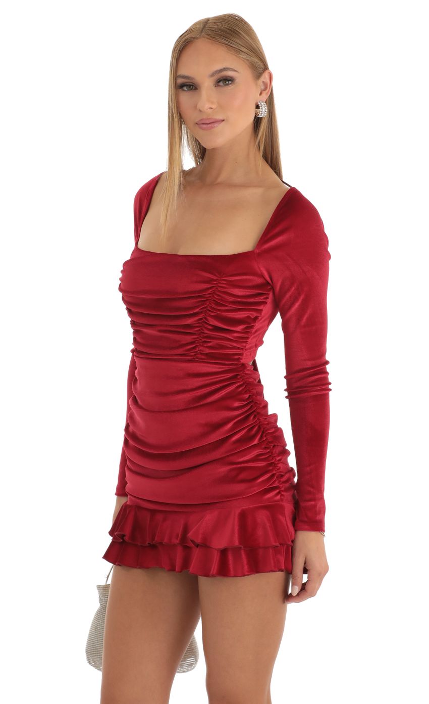 Picture Sloan Velvet Long Sleeve Ruched Dress in Red. Source: https://media.lucyinthesky.com/data/Dec22/850xAUTO/666b9117-b83e-42bf-ac16-cb79e51de3f0.jpg