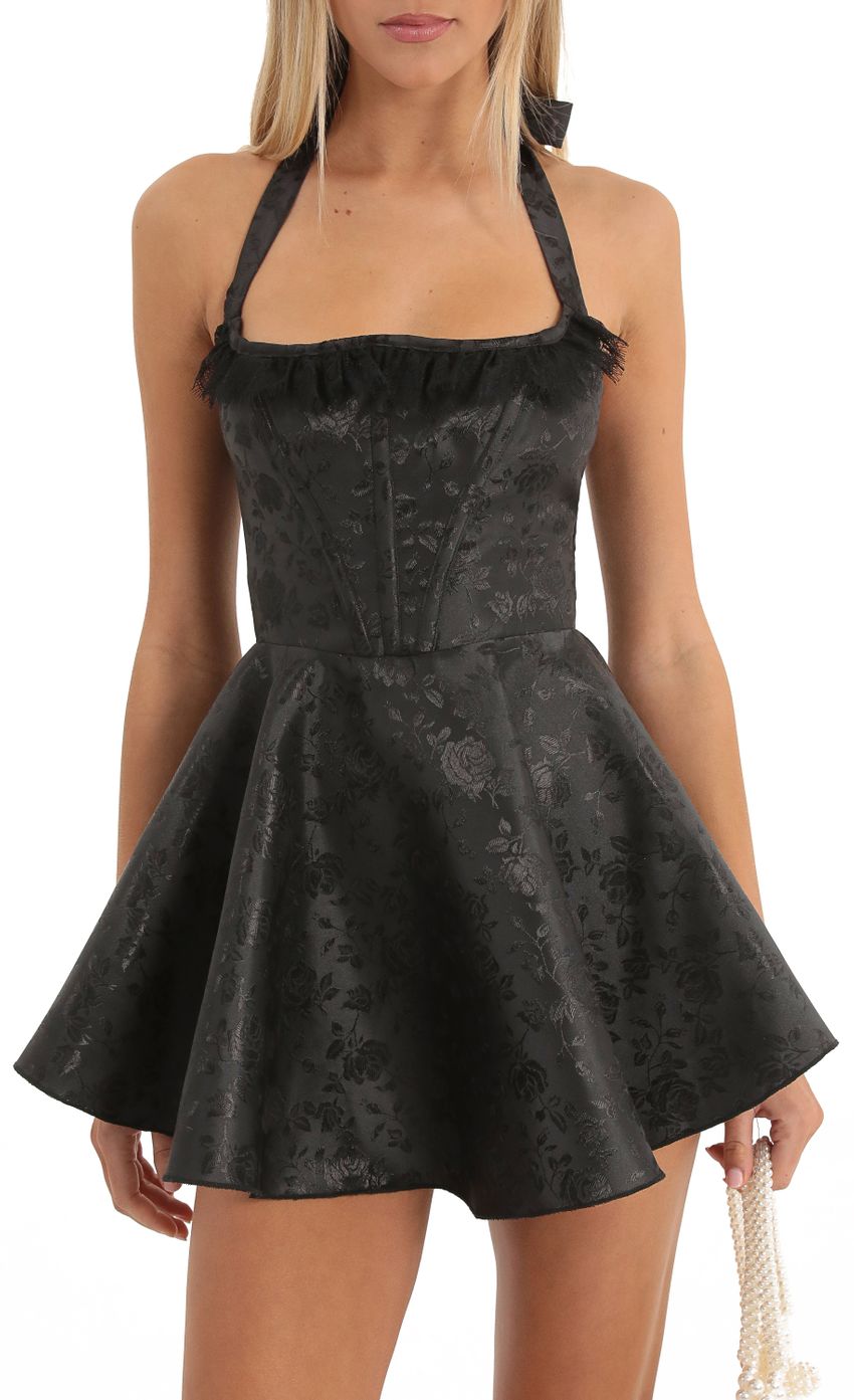 Picture Constance Floral Jacquard Corset Lace Trim Dress in Black. Source: https://media.lucyinthesky.com/data/Dec22/850xAUTO/6a639aed-1232-4707-a0c9-7a9d61849132.jpg