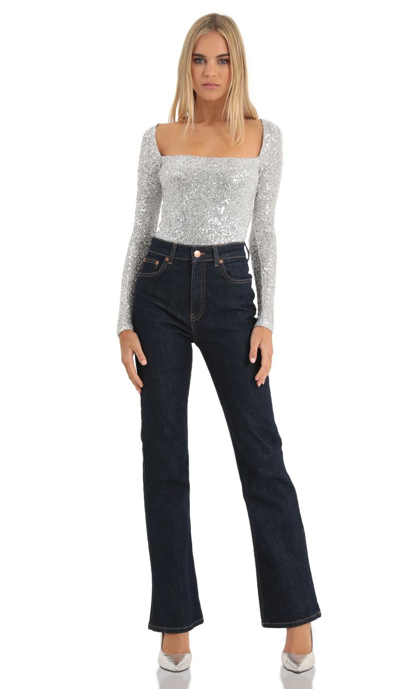 Picture Aislin Sequin Long Sleeve Bodysuit in Silver. Source: https://media.lucyinthesky.com/data/Dec22/850xAUTO/714c71eb-c56c-4916-9d98-8c12f86694aa.jpg