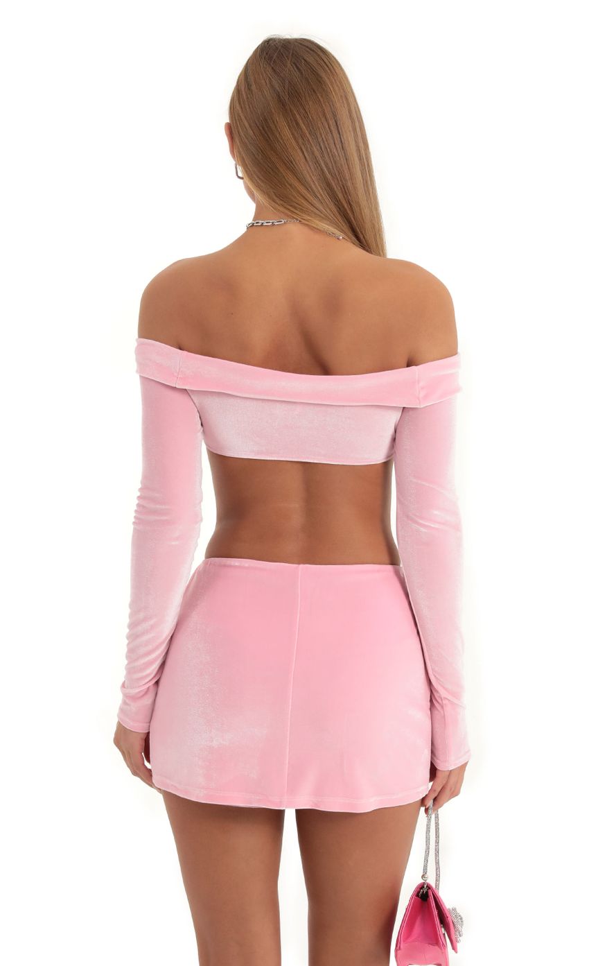 Picture Katya Velvet Two Piece Skirt Set in Pink. Source: https://media.lucyinthesky.com/data/Dec22/850xAUTO/8e75d14b-e59d-418c-ab6a-98015e95dc4e.jpg