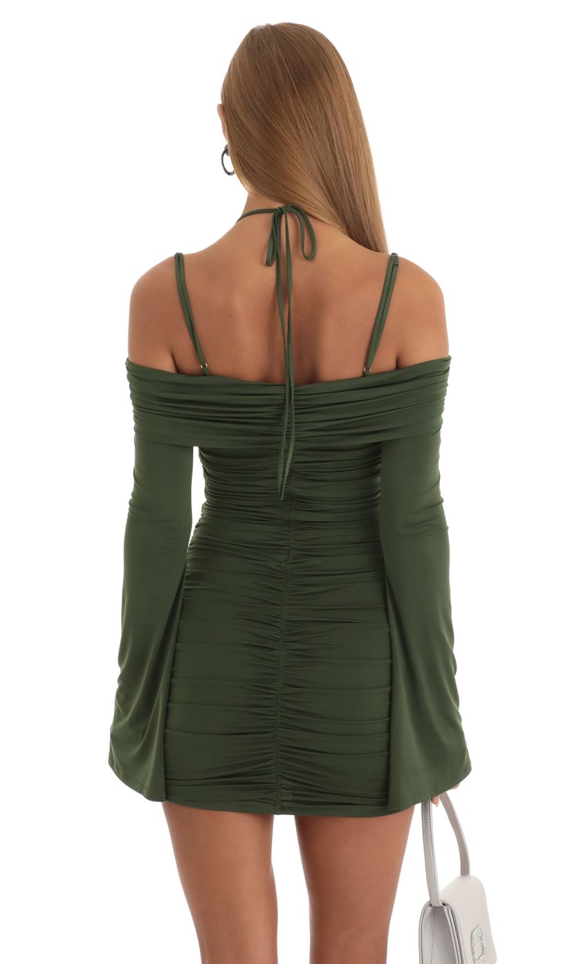 Picture Ottilie Ruched Bodycon Flare Sleeve Dress in Green. Source: https://media.lucyinthesky.com/data/Dec22/850xAUTO/9106fddf-fc26-4835-9db6-cf3228b3cc98.jpg