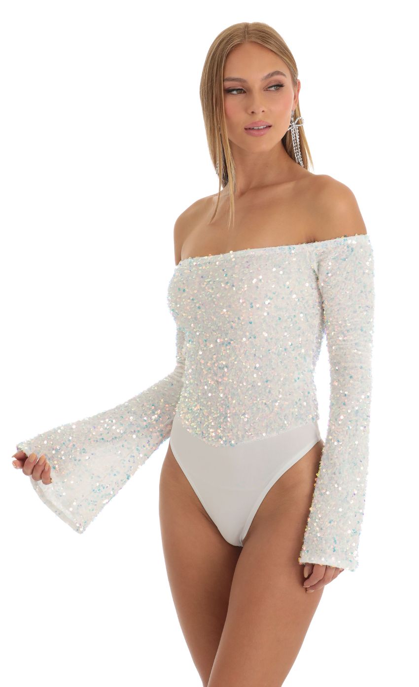 Picture Das Velvet Sequin Bodysuit in White. Source: https://media.lucyinthesky.com/data/Dec22/850xAUTO/924ad7b8-5741-47f2-b863-01578914f0d2.jpg