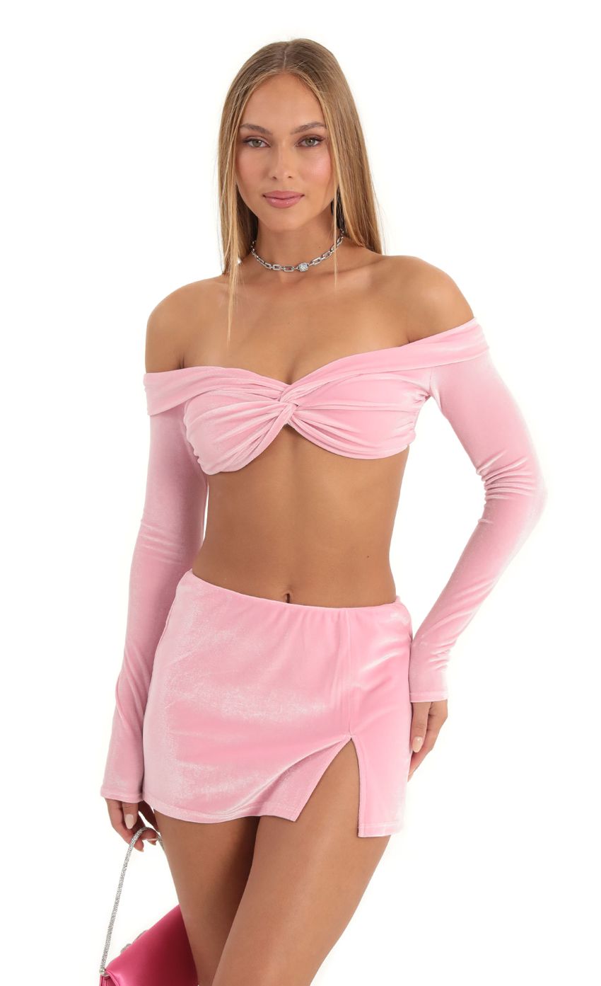 Picture Katya Velvet Two Piece Skirt Set in Pink. Source: https://media.lucyinthesky.com/data/Dec22/850xAUTO/a264d440-f0ab-49da-9c05-8eecdd82139d.jpg