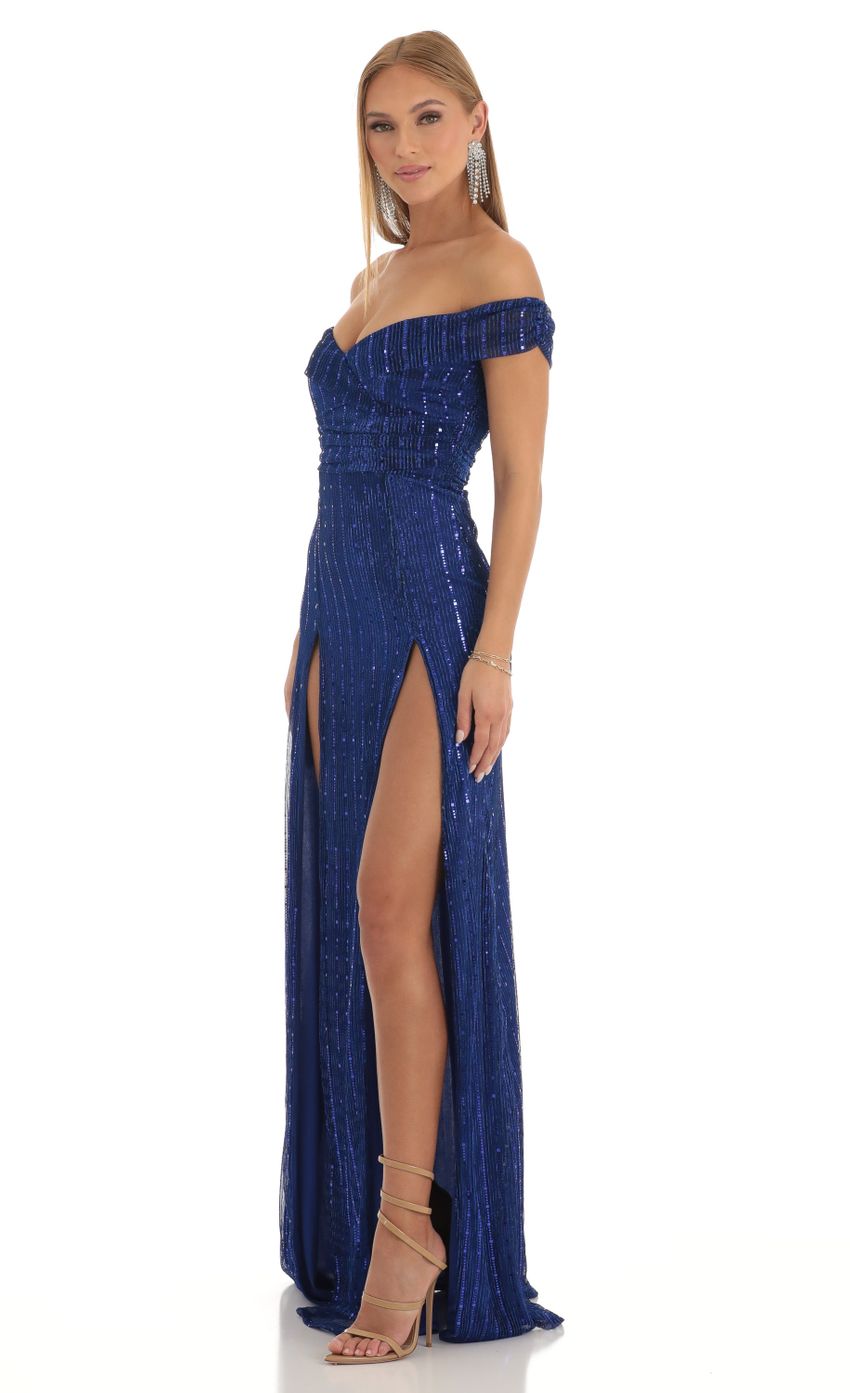 Picture Sena Sequin Striped Off The Shoulder Maxi Dress in Blue. Source: https://media.lucyinthesky.com/data/Dec22/850xAUTO/a304772b-b97d-4b54-be1d-2645b623ce2a.jpg