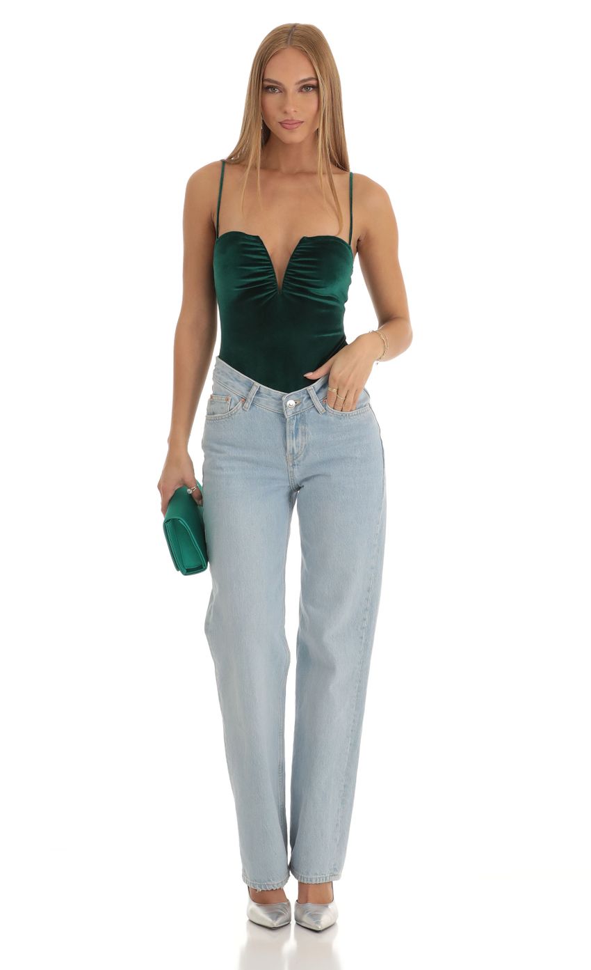 Picture Audrianna V-Neck Velvet Bodysuit in Green. Source: https://media.lucyinthesky.com/data/Dec22/850xAUTO/a31666ac-bcd6-41f3-a94d-ecbfc3ab8f56.jpg