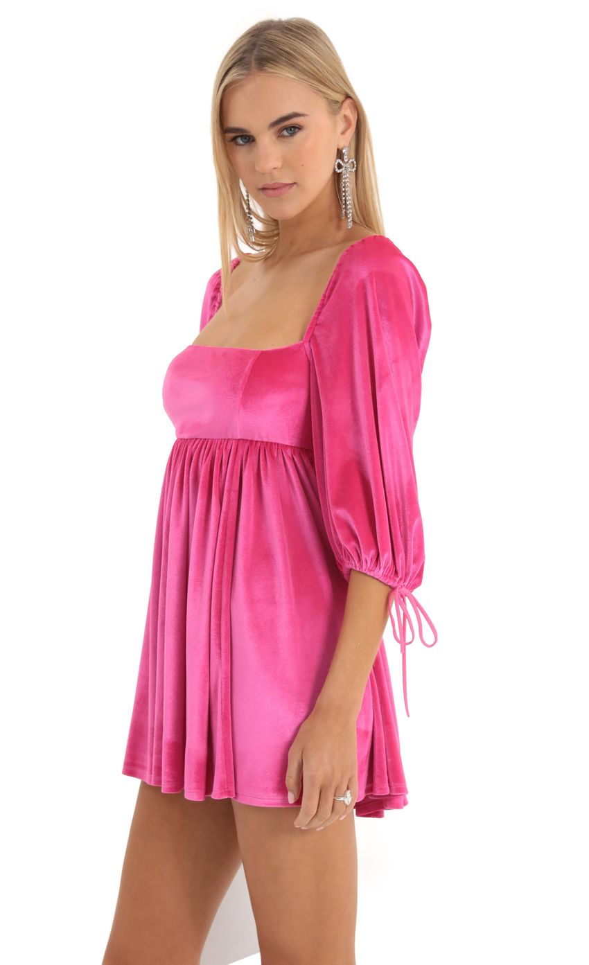 Picture Afia Velvet Baby Doll Dress in Hot Pink. Source: https://media.lucyinthesky.com/data/Dec22/850xAUTO/ad6d2238-6c05-46a2-8c9b-53d35b9ae08a.jpg