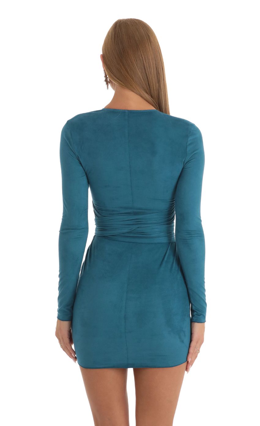 Picture Noah Suede V-Neck Dress in Teal. Source: https://media.lucyinthesky.com/data/Dec22/850xAUTO/b5509c39-f86a-43a9-a9f9-d58b5fd93625.jpg