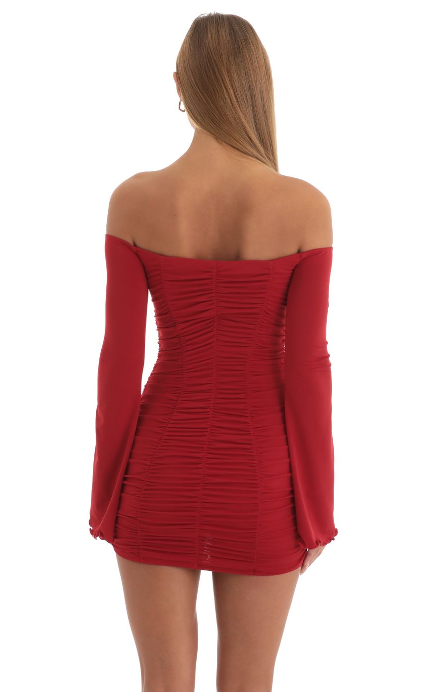 Picture Camden Off The Shoulder Ruched Dress in Red. Source: https://media.lucyinthesky.com/data/Dec22/850xAUTO/bc03b44c-8963-46e6-9e87-52a75678f097.jpg