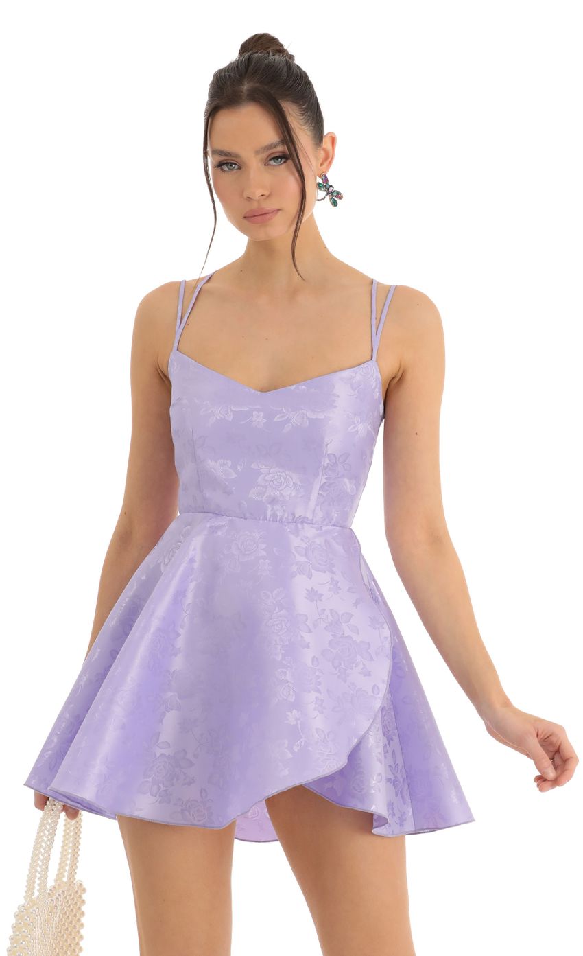 Picture Calem Floral Jacquard Cross Back Dress in Purple. Source: https://media.lucyinthesky.com/data/Dec22/850xAUTO/c450b873-554d-4352-80bc-e20a9eada470.jpg