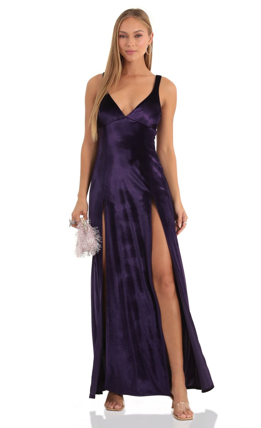 Picture Camber Velvet Maxi Dress in Purple. Source: https://media.lucyinthesky.com/data/Dec22/850xAUTO/ca88c3a9-7119-40d5-89b7-e46a18bedfbc.jpg
