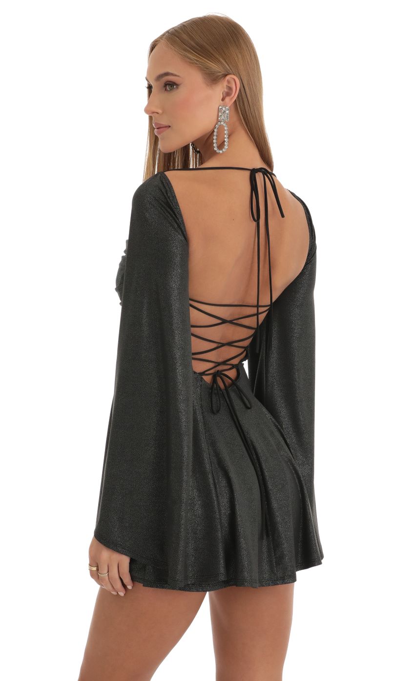 Picture Sirena Foil Flare Sleeve Dress in Black. Source: https://media.lucyinthesky.com/data/Dec22/850xAUTO/e3ce8fda-cbf2-4e39-b317-e7f14819d605.jpg
